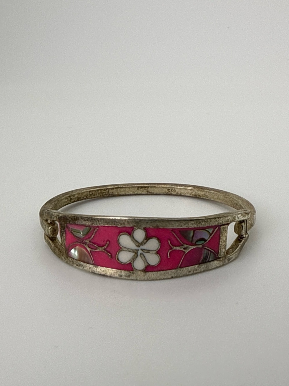 Child Sized Sterling Silver Pink Enamel Flower Bangle Bracelet